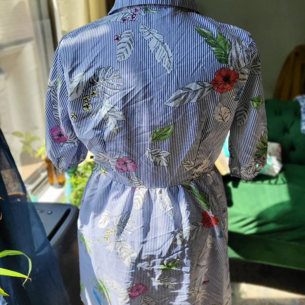 Striped Floral Button-Front Shirt Dress with Bird Print - Blue/White - Picture 3 of 4